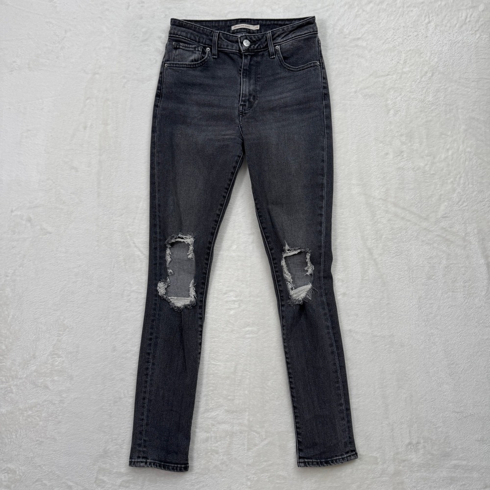 Levi's Jeans Womens 26 Black 721 High Rise Skinny Distressed Ripped Denim‎